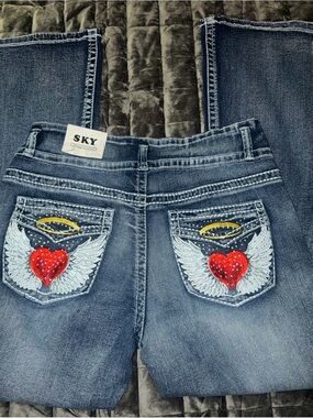 Sky Embellished Blue Women's Jeans with Red Heart & Wing Embroidery